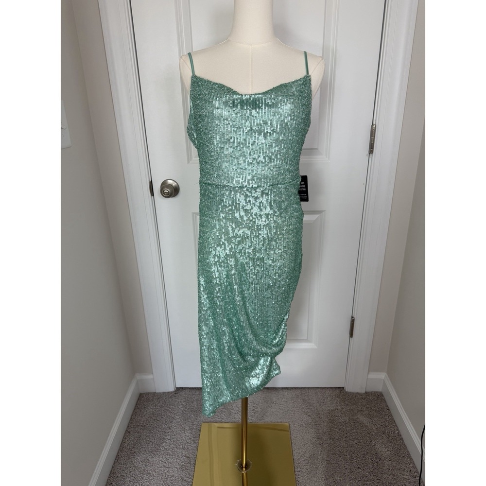 Express Women's Sequin Cowl Neck Asymmetric Hem Mint Green‎ Midi Dress Small NWT